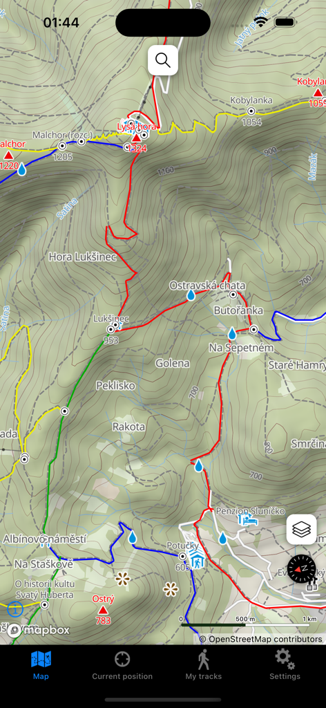 Detailed topographical hiking map of the Czech Republic with color-coded trails