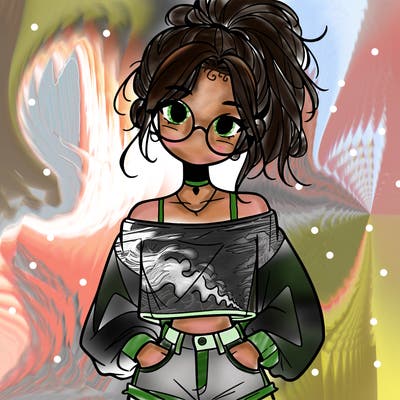girl with a messy ponytail glasses a baggy crop top and jean shorts