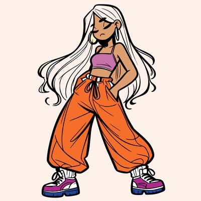 girl in baggy pants crop top and long hair