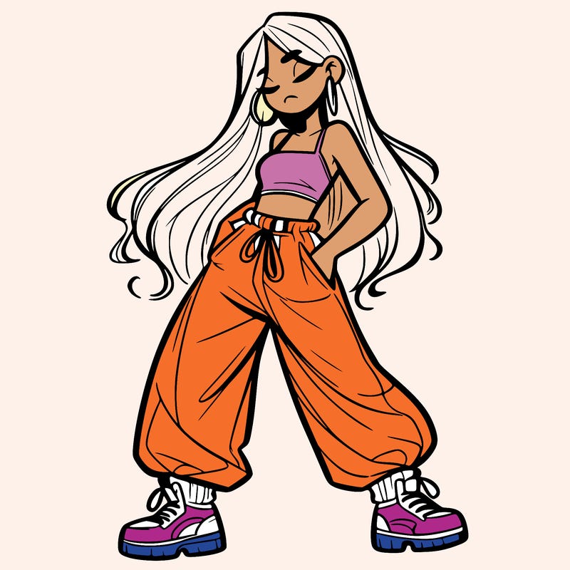 girl in baggy pants crop top and long hair