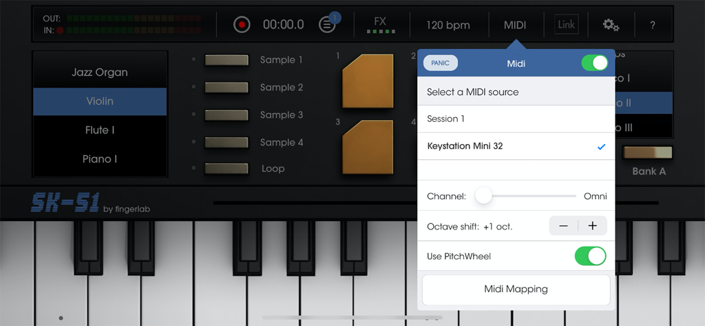 SK-51 - SK-51 app interface showing the MIDI settings menu with a connected keyboard controller selected