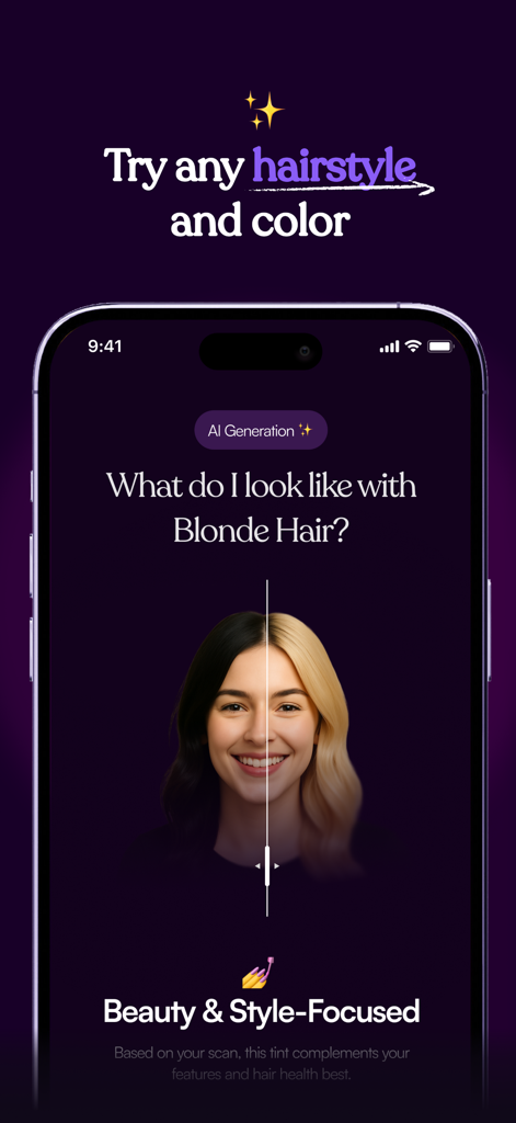 Strand - AI Hair snap Analysis - Smartphone screen showing an AI hair color transformation from black to blonde with a split view