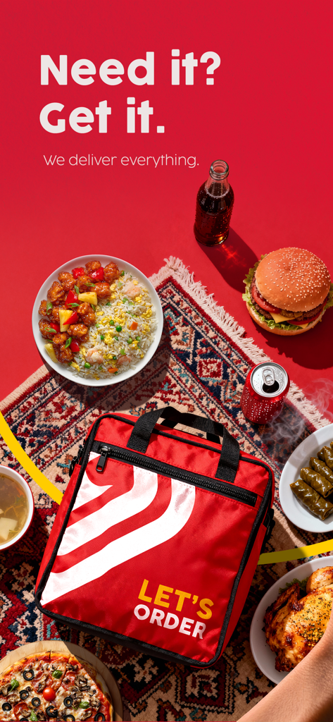 Lezzoo:Food & Grocery Delivery - A red Lezzoo delivery bag surrounded by various food items like pizza, a burger, and rice dishes on a vibrant red background.