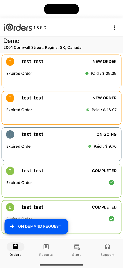 iOrders Restaurant Admin - The iOrders Restaurant Admin app displaying a list of new ongoing and completed customer orders with payment details and status indicators