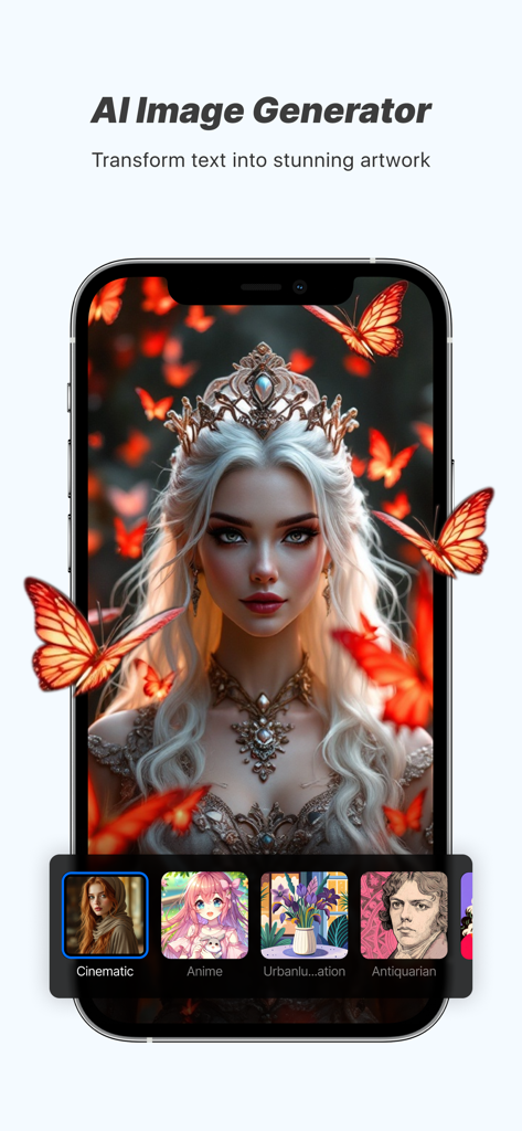 Flow Studio: AI Photo & Design - テキストから作成された映画のようなポートレートとさまざまなアートスタイルのオプションが表示されているAI画像ジェネレーター機能のインターフェース