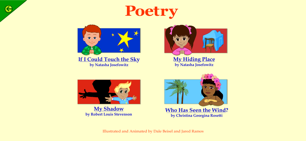 Starfall It's Fun to Read - Pantalla de selección de poesía en la aplicación educativa Starfall con cuatro poemas ilustrados para niños.