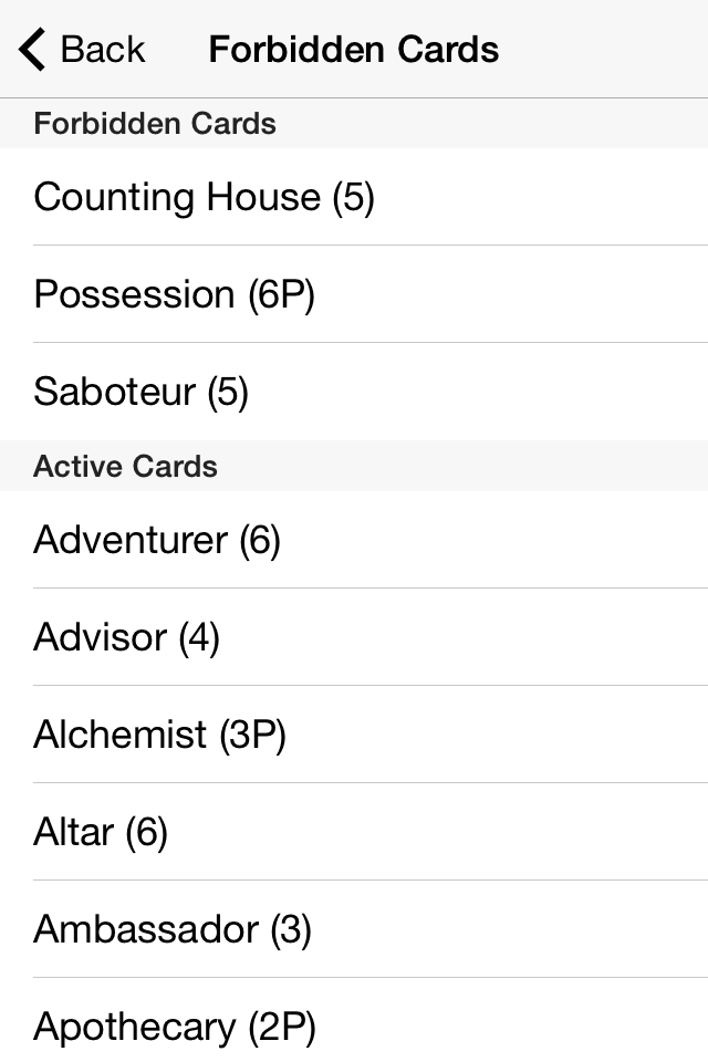 Interface mostrando listas de cartas proibidas e ativas no aplicativo companheiro Dominion Minion