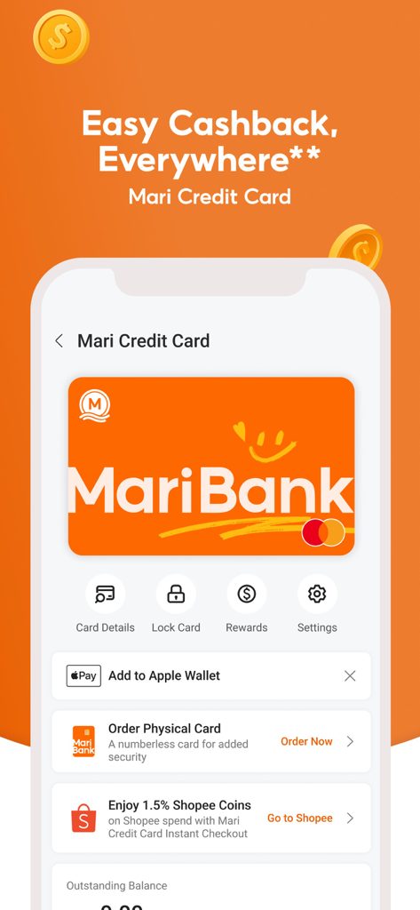 MariBank Singapore - MariBank Singapur mobile App, die die Mari Credit Card-Oberfläche mit einfachen Cashback-Funktionen und Apple Wallet-Integration zeigt.