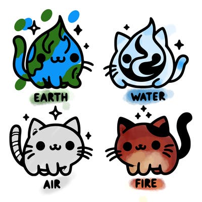 4 cats that represent the different elements, earth, water, air, and fire