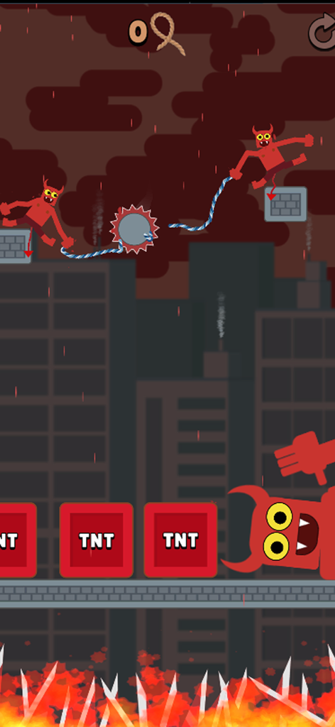 Fall Boys: Rope Rescue - Red demon characters navigating a rope puzzle with saws and TNT boxes in a city background
