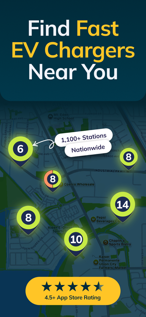 EVgo - Find a Fast EV Charger - A map interface from the EVgo app displaying multiple fast charging station locations with real-time availability counts.