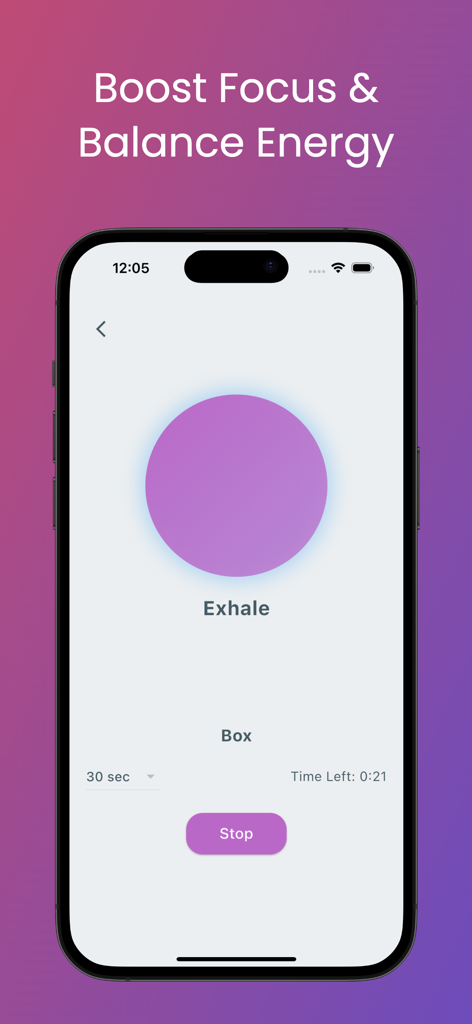 box breathing coach - Schermata dell'app Coach Respirazione Quadrata che mostra una sessione guidata di respirazione per aumentare la concentrazione e bilanciare l'energia