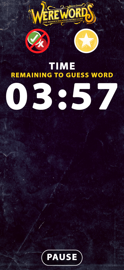 Werewords app screen showing a countdown timer at three minutes and fifty seven seconds with buttons for correct and pause