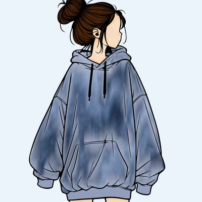 realistic girl with a oversized sweatshirt on and a bun