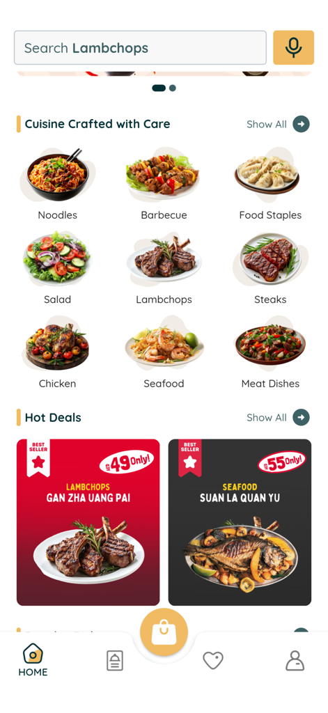 Uyghur Cuisine - Home screen of the Uyghur Cuisine app featuring categories like noodles and barbecue plus hot deals on lambchops and seafood.
