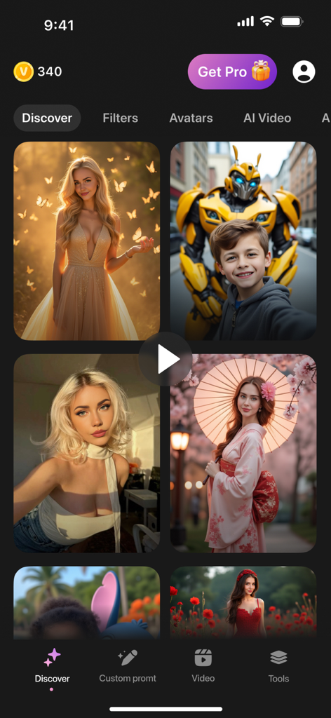 Entdeckungsfeed in der Vity KI-Video- und Foto-Ersteller-App, der eine Galerie mit KI-generierten künstlerischen Fotos zeigt