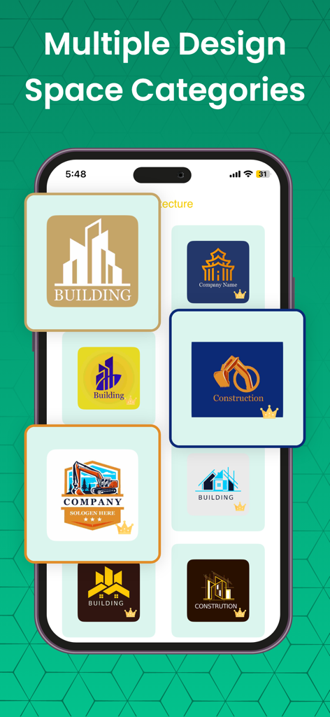 Interfaz de aplicación móvil que muestra múltiples categorías de diseño de logotipos profesionales para negocios de construcción y edificación
