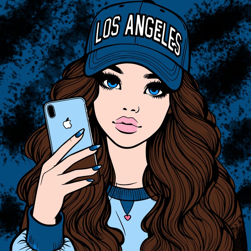 realistic beautiful girl wearing los ángeles cap holding an iphone