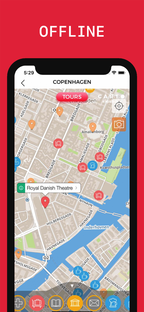 Copenhagen Travel Guide - Copenhagen Reiseführer App-Oberfläche, die eine Offline-Stadtkarte mit Pins für interessante Orte zeigt