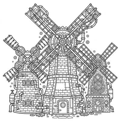 Dive into a fantastical blend of industrial Victorian elegance and rustic charm with this intricate coloring page. Discover three magnificent brick windmills, each adorned with an array of steampunk gears, pipes, and retro-futuristic details, perfect for hours of creative relaxation.