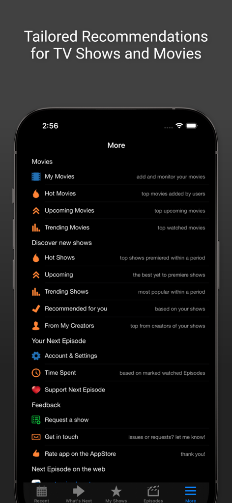 Next Episode - Track TV Shows - Menu interface of the Next Episode app showcasing discovery features and tailored recommendations for TV shows and movies