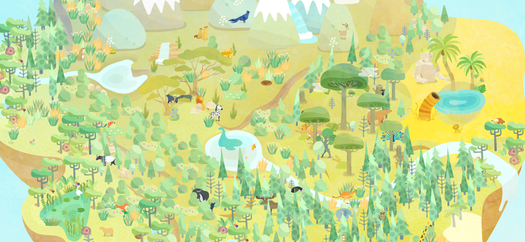 DESERTOPIA - A lush island filled with various animals and plants in a storybook art style