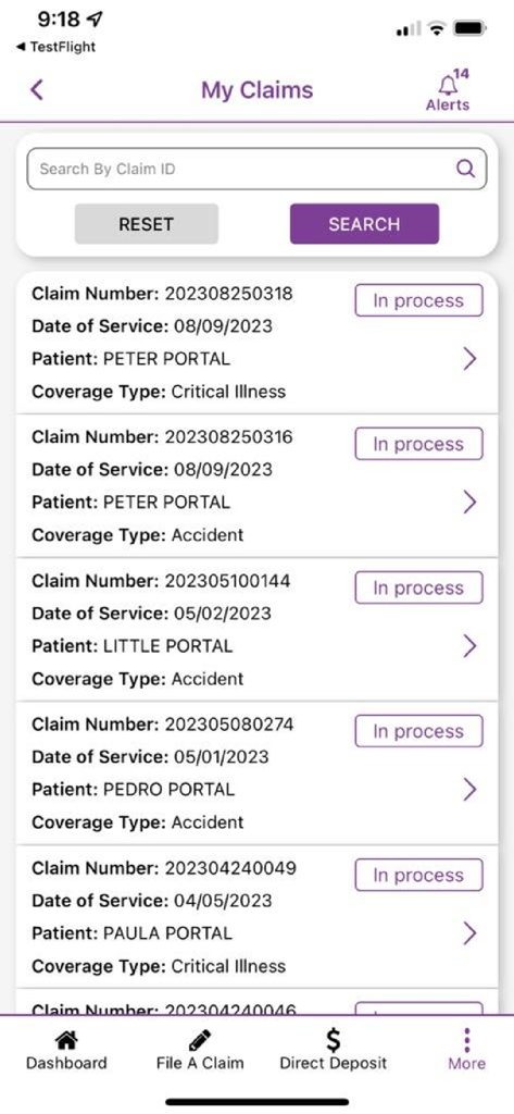 My Aetna Supplemental - Mobile dashboard showing a list of supplemental insurance claims with status updates