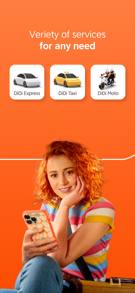 Young woman using the DiDi app with icons for Express Taxi and Moto services