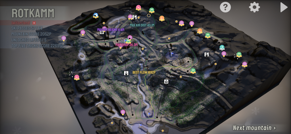 Grand Mountain Adventure - An overhead map view of the Rotkamm mountain in Grand Mountain Adventure showing ski passes, lifts, and game progress stats.