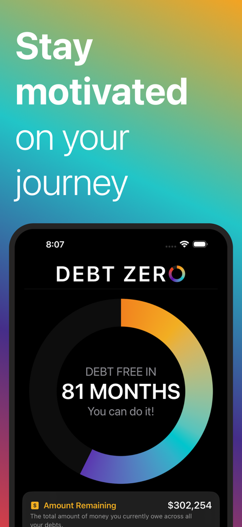 Debt Zero: Snowball Calculator - Debt Zero app screenshot showing a circular progress tracker with a countdown to being debt free in 81 months