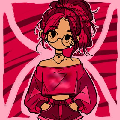 girl with a messy ponytail glasses a baggy crop top and jean shorts