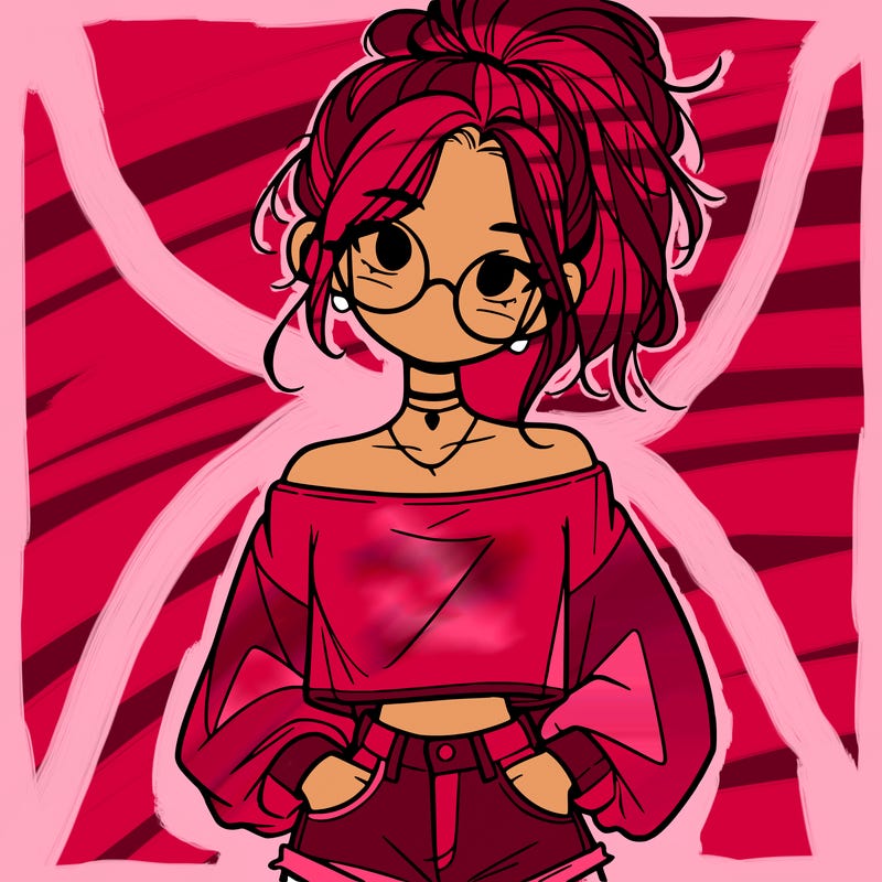 girl with a messy ponytail glasses a baggy crop top and jean shorts