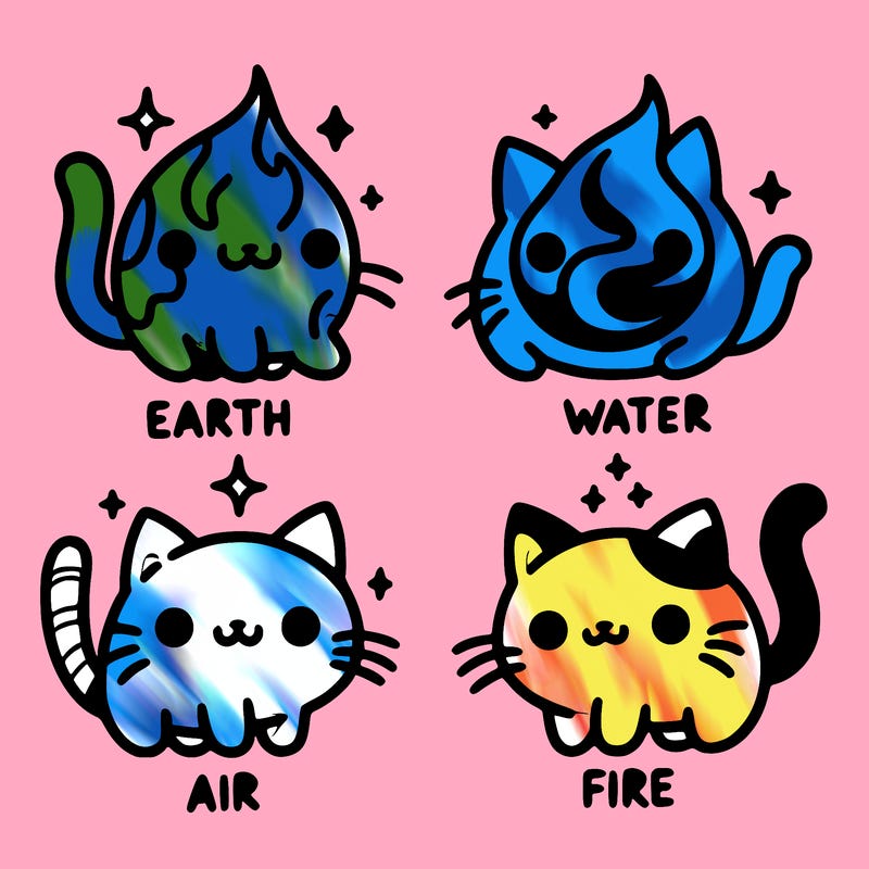 4 cats that represent the different elements, earth, water, air, and fire