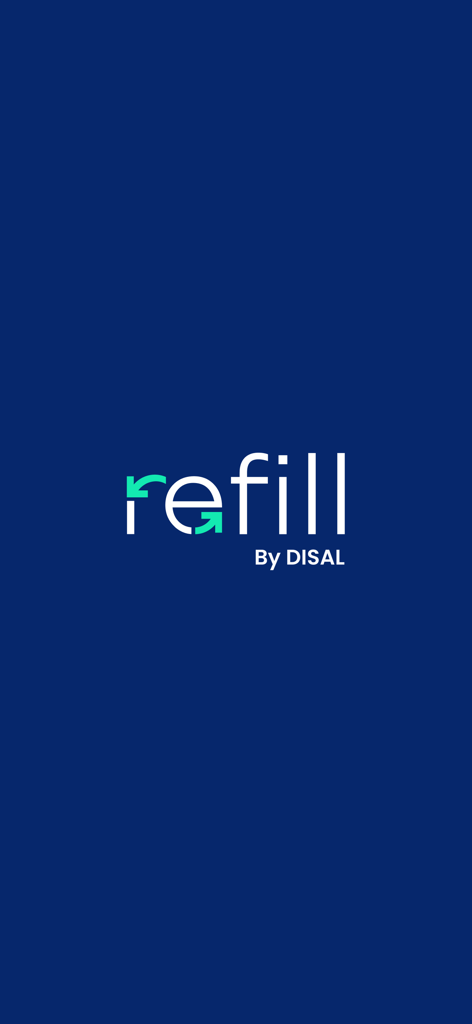 Logo de la aplicación de pedidos de bebidas Refill de DISAL sobre un fondo azul