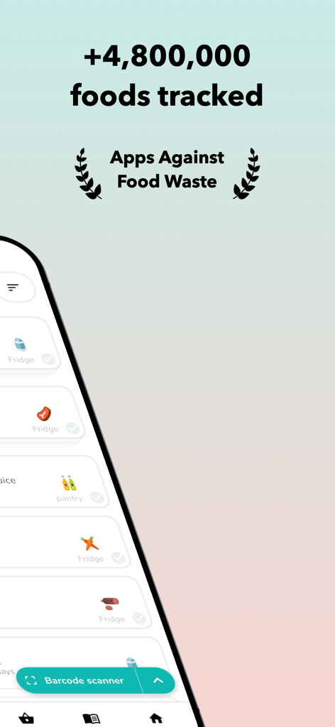 Interface do aplicativo NoWaste mostrando mais de quatro milhões de alimentos rastreados e listas de inventário de alimentos para geladeira e despensa