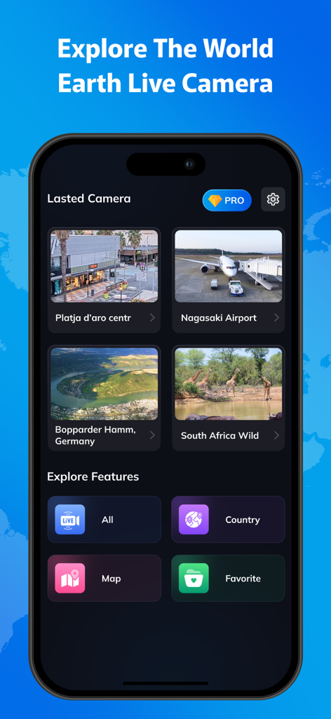 LiveCam : Live Earth Camera - Panel de control de la aplicación Live Earth Camera que presenta transmisiones de cámaras web en vivo globales y opciones de navegación