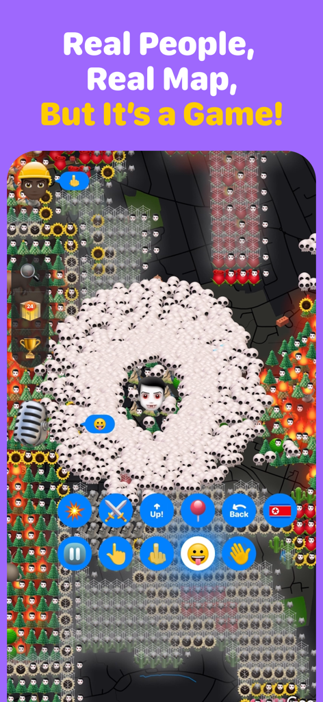 Cheapshot - Map Game - Top down view of the Cheapshot map game showing a chaotic sandbox environment with various emojis and player avatars