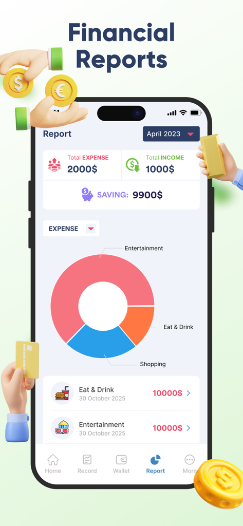 Money Tracker: Budget Manager - Schermata dei report finanziari dell'app Money Tracker che mostra un grafico a torta delle spese mensili e un riepilogo del budget.