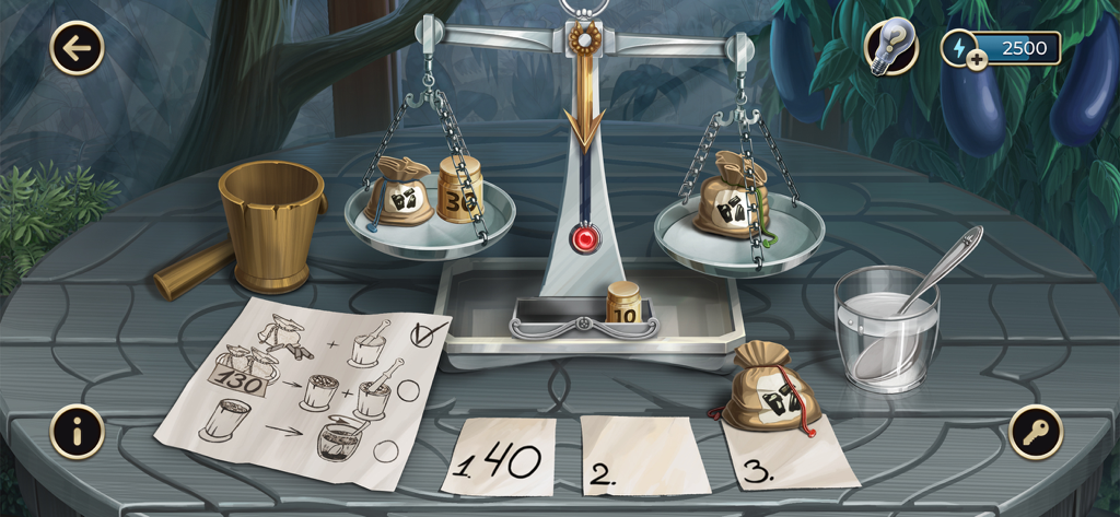 A logic puzzle scene from Murder by Choice featuring a balance scale, weights, and bags on a stone table.