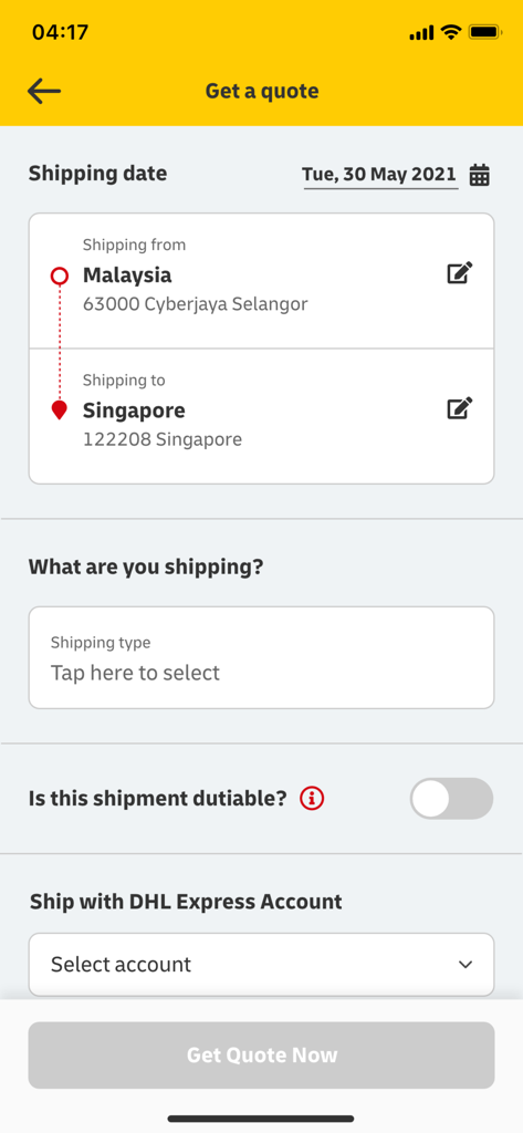 Interface of the DHL Express Mobile App showing the form to get a shipping quote between Malaysia and Singapore.