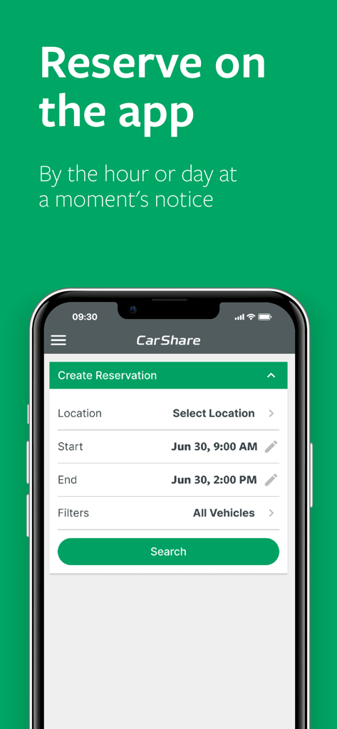Enterprise CarShare app interface for creating a vehicle reservation by the hour or day