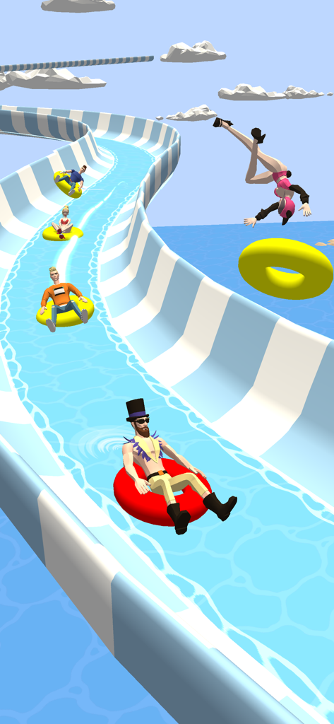 Aqua Thrills: Water Slide Park - Characters racing down a winding water slide on inner tubes in Aqua Thrills