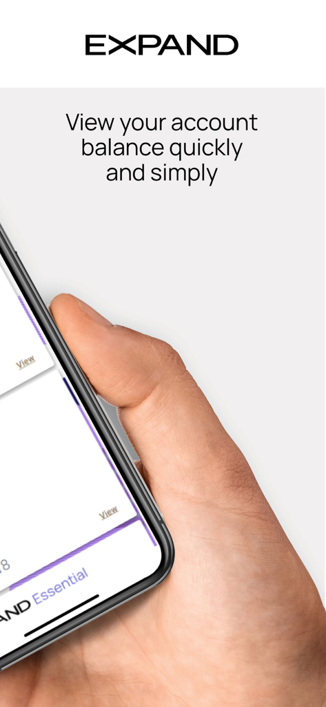 Expand - A hand holding a smartphone displaying the Expand financial app account balance interface