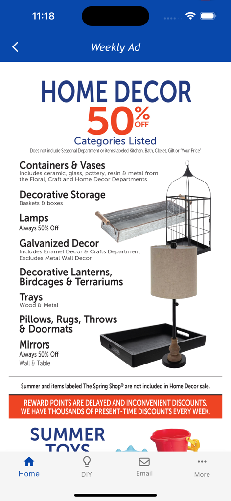 Hobby Lobby app weekly ad screen displaying a fifty percent discount on various home decor categories