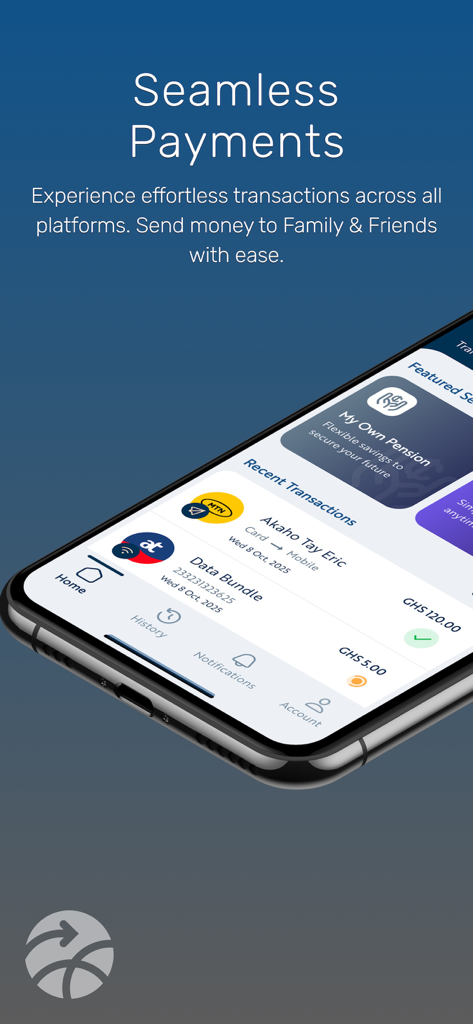 Transflow Mobile app showing seamless payment history and transactions in GHS for the Ghanaian diaspora