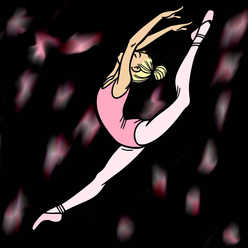 gymnast doing a leap in a leotard with a bent back leg
