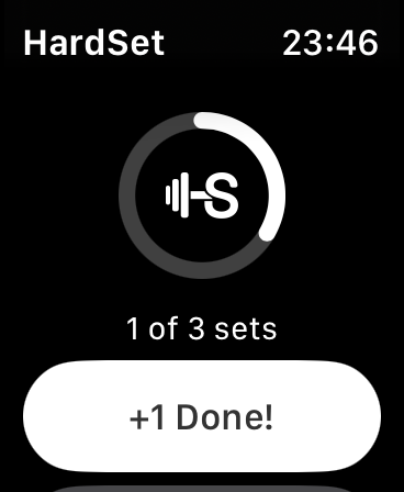 Minimalist interface of HardSet Apple Watch app showing a workout set progress ring and a log button