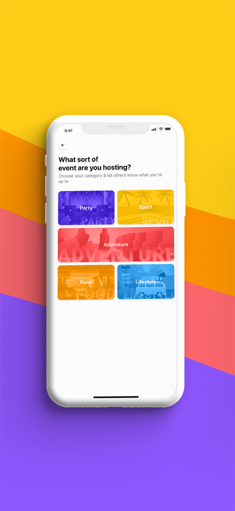 Sociable - A mobile app interface for selecting an event category to host with options like Party Sport Adventure Food and Lifestyle