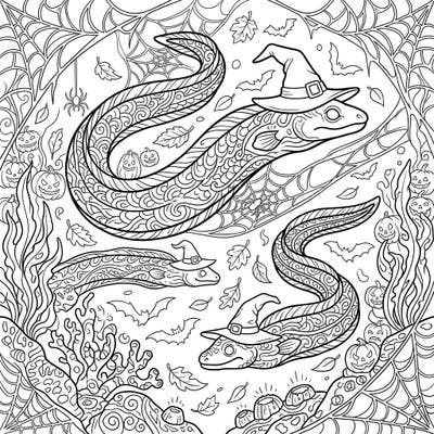 Unleash your creativity with this unique adult coloring page featuring enchanting eels ready for Halloween. Dive deep into a world of intricate patterns, spooky elements, and aquatic mystery perfect for mindful coloring.