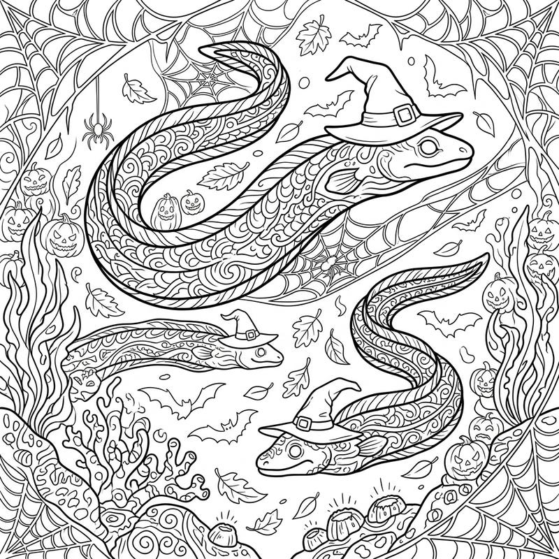 Unleash your creativity with this unique adult coloring page featuring enchanting eels ready for Halloween. Dive deep into a world of intricate patterns, spooky elements, and aquatic mystery perfect for mindful coloring.